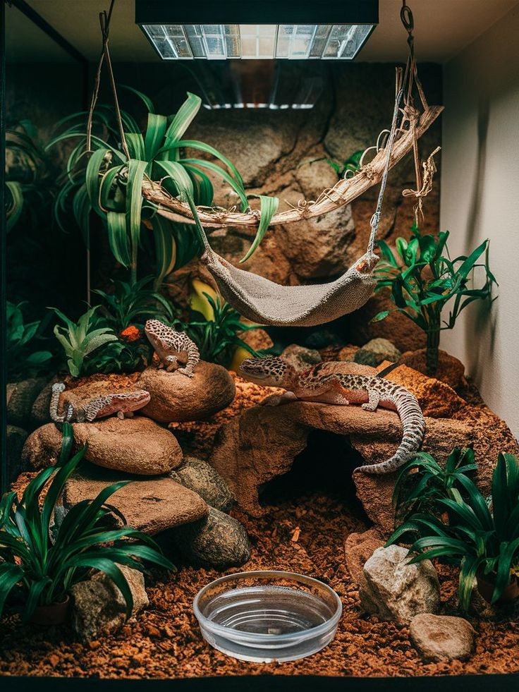 a hammock is in the middle of a room with rocks, plants and water