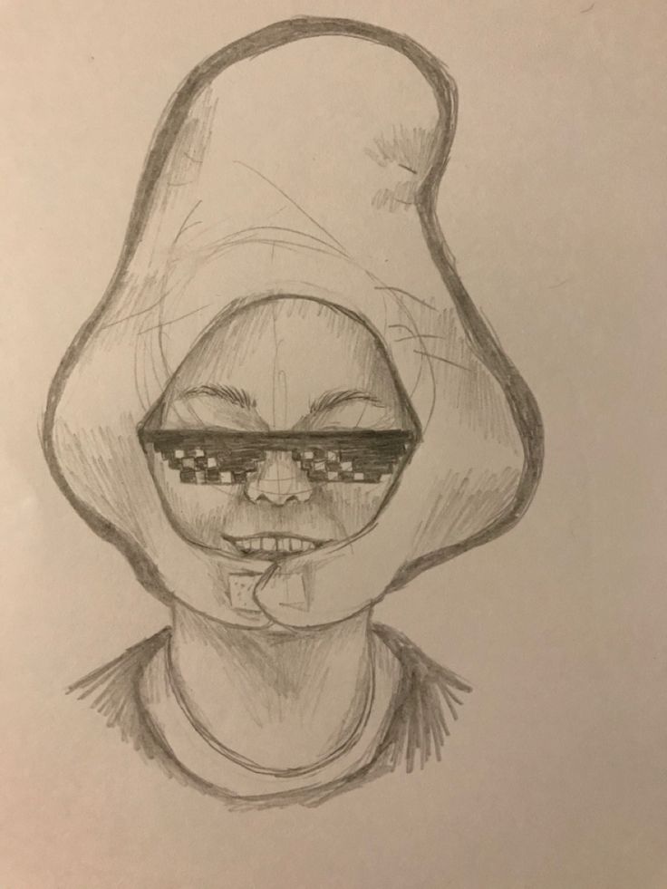 a drawing of a person with glasses on their head and one eye partially covered by the hood