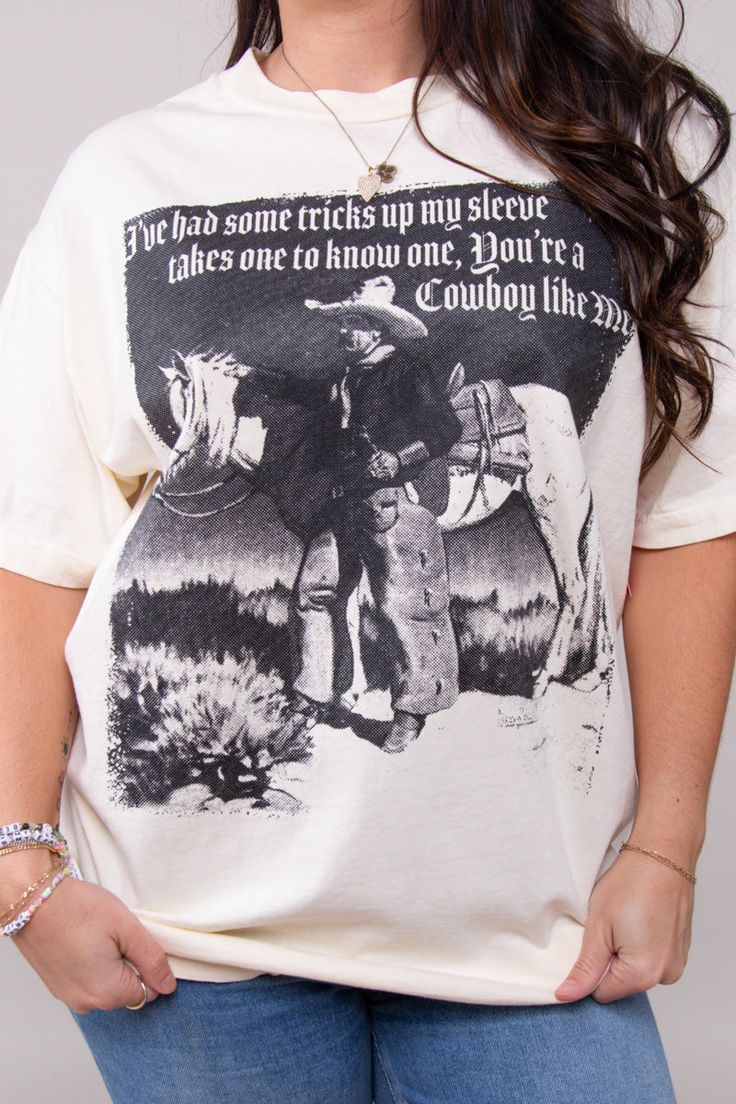 Feel like a Cowboy in our oversized 70's retro t-shirt! With a cowboy graphic in halftone all in a black ink - Screen print transfer that is heat pressed onto each tshirt - Tshirt is a super soft vintage wash that gets softer after each wash - Oversized fit 100% Cotton Oversized Fit Hand wash in cold water. Do not bleach. Hang dry. Colors may vary with different viewing devices. Western Style Relaxed Fit Graphic T-shirt, Western Style Relaxed Fit T-shirt With Graphic Print, Graphic Print Crew Neck T-shirt For Rodeo, Vintage Oversized T-shirt With Funny Print, Oversized Vintage Print Graphic Tee, Western Style Crew Neck T-shirt With Graphic Print, Western Style Short-sleeved Screen Print T-shirt, Western Crew Neck Top With Screen Print, Western Style Screen Print Crew Neck Top