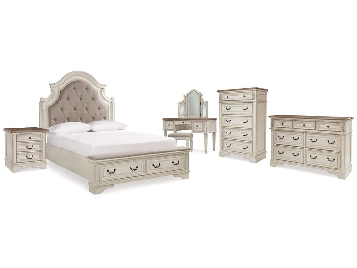 (Online Special Price) Realyn Two-tone Queen Upholstery Panel Bedroom Set with Dresser, Chest, Nightstand, and Vanity Set - Ornate Home Panel Bedroom, Bed Dresser, Romantic Bed, Upholstered Bedroom, Traditional Cottage, King Upholstered Bed, Queen Upholstered Bed, Queen Panel Beds, Upholstered Panel Bed