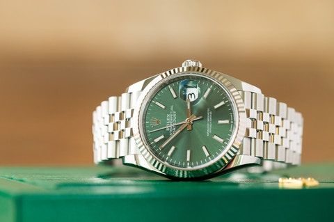 This new, unworn 2022 Datejust 36 is specified with the newly released mint green sunburst dial. Henley On Thames, Green Watch, Watch Dial, Rolex Datejust, Watch Collection, Rolex Watches, Time Piece, Mint Green, Rolex