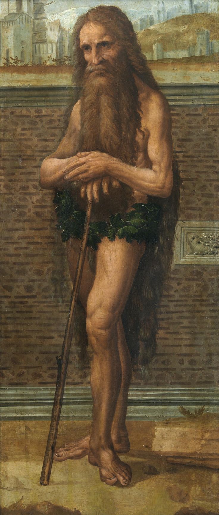 an old painting of a man with long hair and beard holding a cane in front of a brick wall