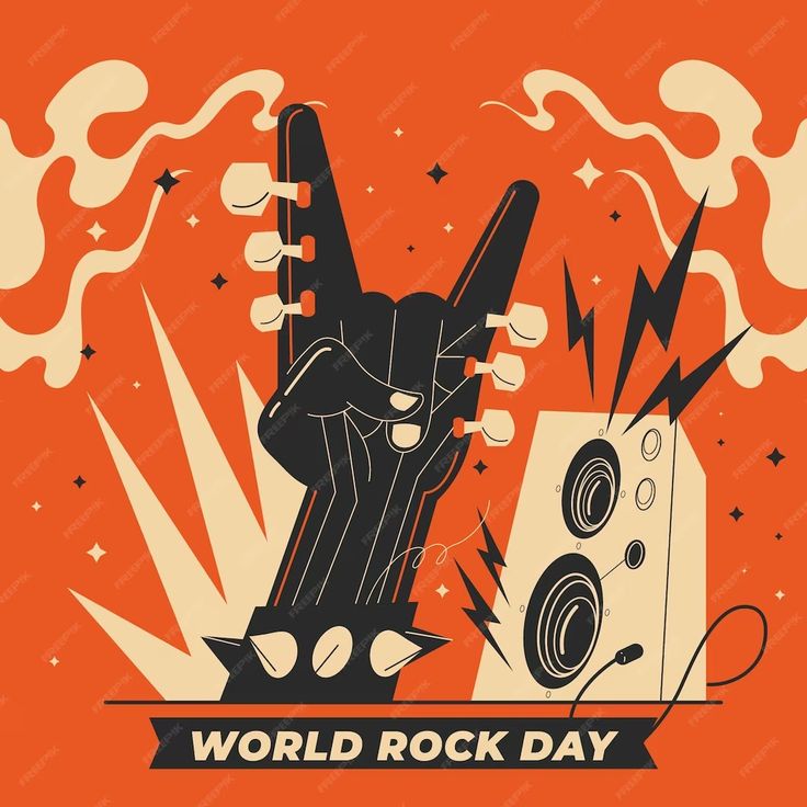 a poster with an image of a rock and roll machine in the background that says world rock day