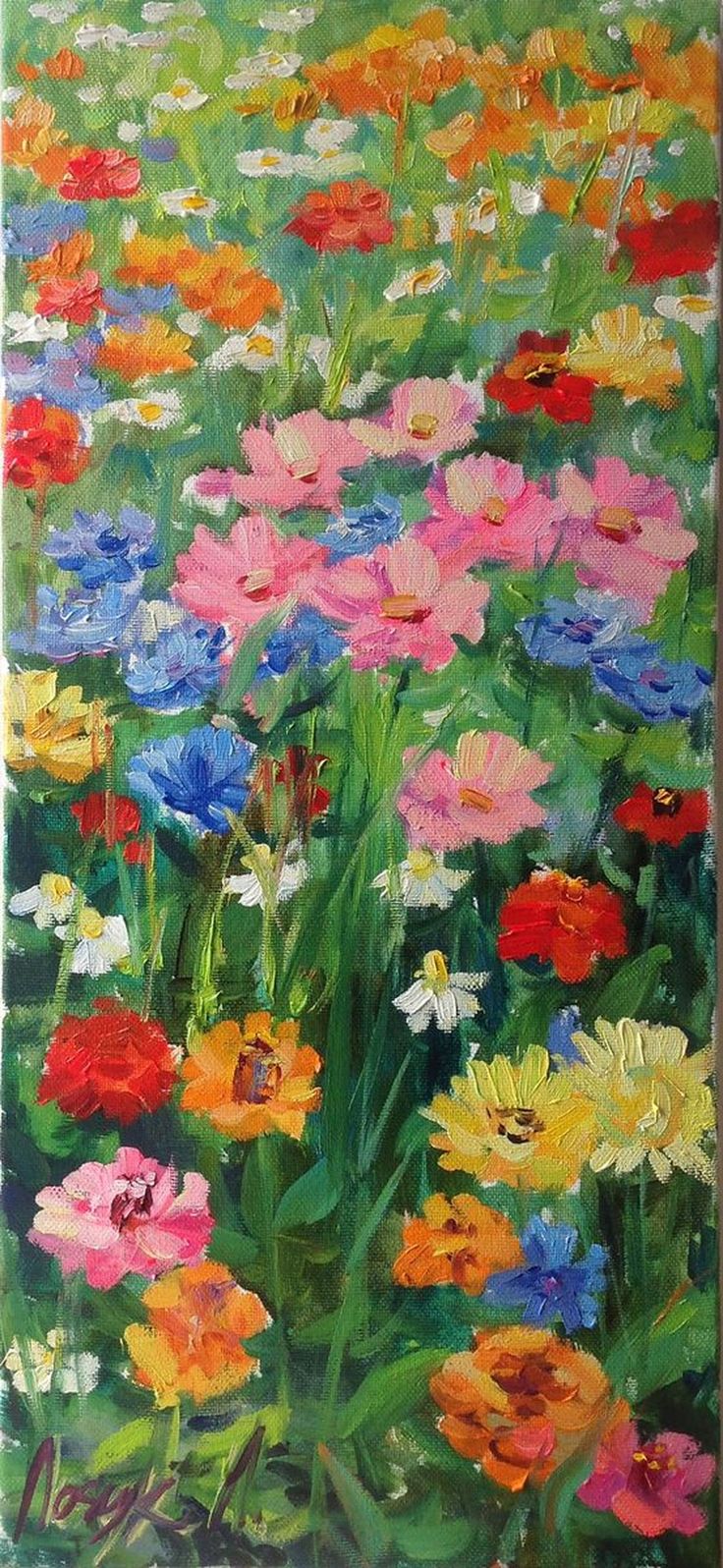 an oil painting of colorful flowers in the grass