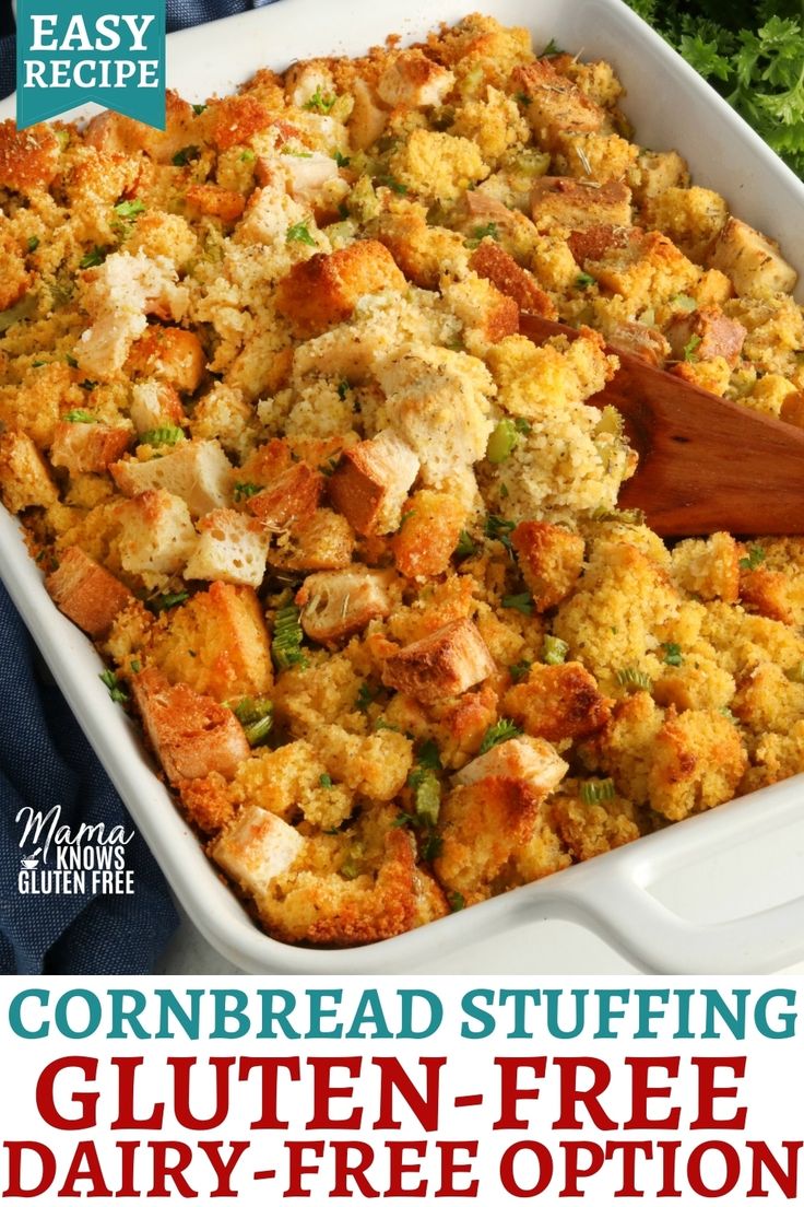 the recipe for cornbread stuffing is in a white casserole dish