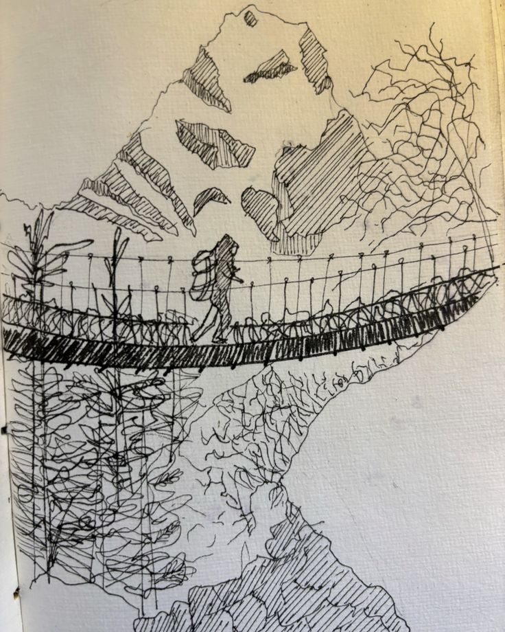 a drawing of a man walking across a bridge over water with mountains in the background