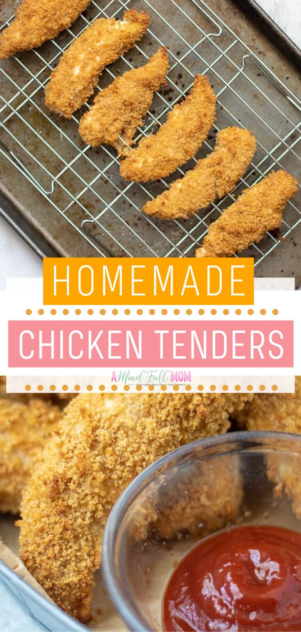 homemade chicken tenders with ketchup on the side and in a baking pan