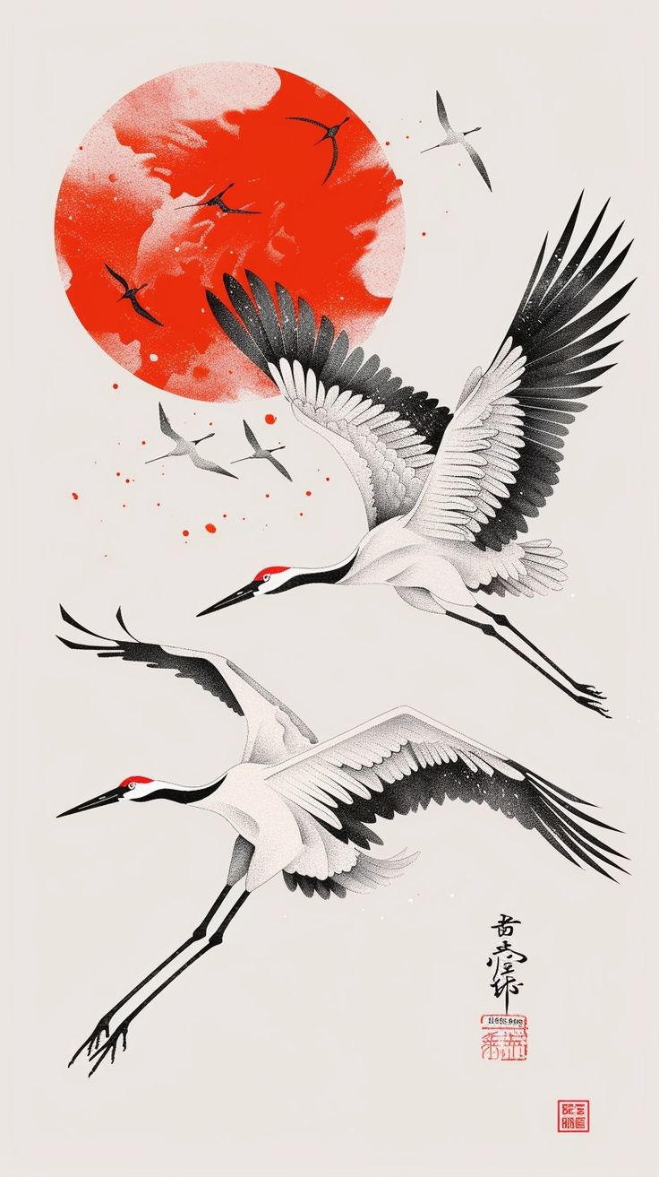 two birds flying in front of a red sun