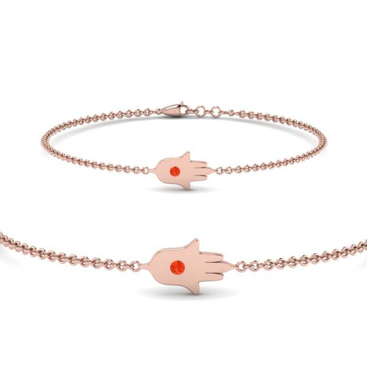 This gemstone chain bracelet features a hamsa hand evil eye in the center connected to an adjustable cable chain with a lobster clasp closure. This amulet symbolizes the Hand of God that brings happiness, luck, health, and good fortune.  Round cut stone of 0.03 Total Carat Weight with Clarity SI2 and Color G in a bezel setting. This Hamsa Evil Eye Bracelet can be customized into your preferred choice of metals and gemstone. Free shipping within USA. 1 Year Manufacturing Warranty.  Direct manufacturing prices. Pay with ease choosing from the wide range of payment methods including credit and debit cards, PayPal, Wire Transfer, personalized checks, etc. Pay with ease choosing from the wide range of payment methods including credit and debit cards, PayPal, Wire Transfer, personalize Hamsa Evil Eye, Hand Evil Eye, The Hand Of God, Hand Of God, Orange Sapphire, Eye Bracelet, Rose Gold Metal, Personal Checks, Evil Eye Bracelet