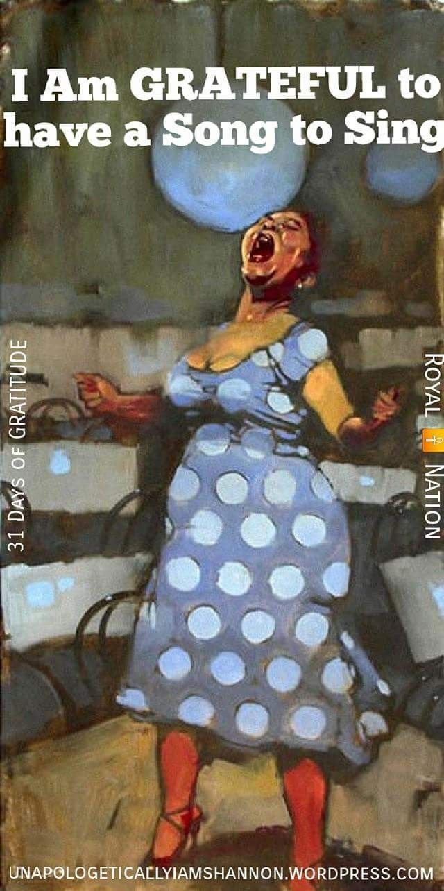 a painting of a woman singing in front of a fence with blue circles on it