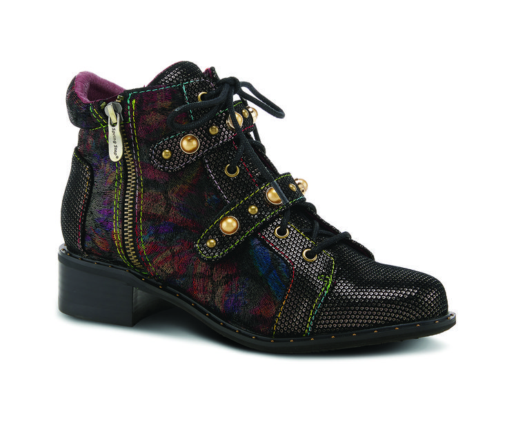 Metallic printed suede and colorful rainbow microfiber, sit upon a gold studded welt, with inside functional and outside decorative zipped adjustable lace up bootie. Hook and loop dual straps embellished with pearl cabochons and antique brass spots, padded back collar and tongue with paisley soft velvety lining. Disclaimer: L'Artiste products are made with natural tanned leather using traditional hand painting techniques. This unique finishing process is used to create a natural effect with colo L'artiste By Spring Step, Spring Step Shoes, Chunky Heels Boots, Pumpkin Witch, Lace Up Booties, Beautiful Boots, Painting Leather, Boots Sneakers, Colorful Rainbow