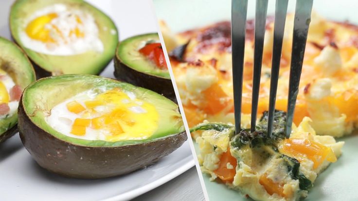 avocado halves with eggs and spinach on them are shown in three different pictures