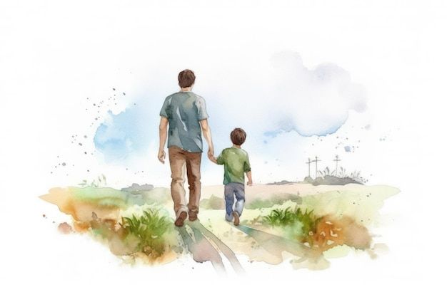 a watercolor painting of a father and son walking together