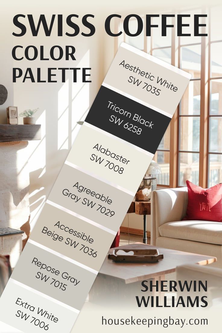 The image showcases a "Swiss Coffee Color Palette" by Benjamin Moore. It features the following colors displayed vertically:

Aesthetic White SW 7035
Tricorn Black SW 6258
Alabaster SW 7008
Agreeable Gray SW 7029
Accessible Beige SW 7036
Repose Gray SW 7015
Extra White SW 7006
The background shows a cozy living space with a white armchair, red pillows, and warm lighting streaming through large windows, complementing the neutral tones of the palette. Accessible Beige Sw, Benjamin Moore Swiss Coffee, Swiss Coffee Benjamin Moore, Tricorn Black, Accessible Beige, Swiss Coffee, Repose Gray, Agreeable Gray, Benjamin Moore Colors