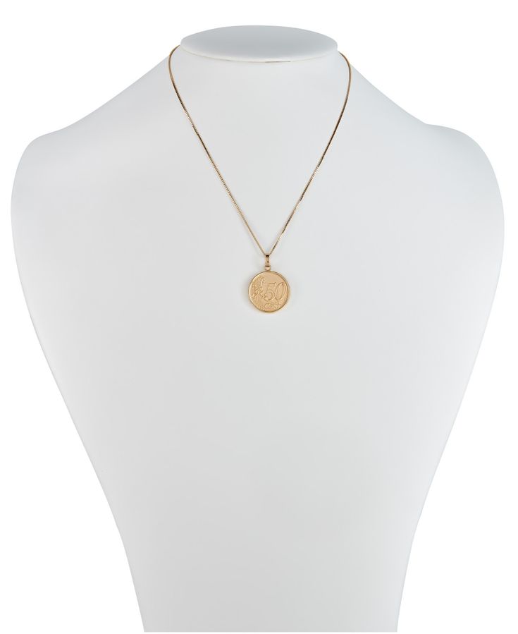 If money talks, then this piece says style! Crafted from polished 14k vermeil, the necklace features a dangling Euro coin pendant. Approximate length: 18 inches. Approximate drop: 1-1/2 inches. Classic 14k Gold Jewelry With Coin Pendant, Classic 14k Gold Coin Pendant Jewelry, Classic 14k Stamped Coin Jewelry, Classic Stamped 14k Coin Jewelry, Luxury Collectible Medallion Necklace, Fine Jewelry Medallion With Large Pendant, Fine Jewelry Large Medallion Pendant, Collectible Coin-shaped Elegant Necklace, Classic Yellow Gold Necklace For Collectors