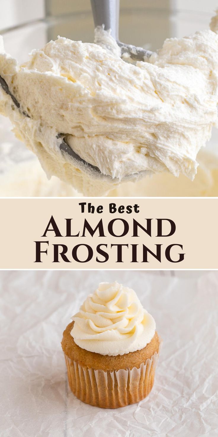 almond buttercream frosting on beater and on cupcake. Stiff Cupcake Frosting, Almond Whipped Cream Frosting, Best Almond Buttercream Frosting, Almond Buttercream Cake, French Frosting Recipe, Almond Flavored Icing, Almond Vanilla Cupcakes, Almond Cake Frosting Recipe, Almond Extract Frosting