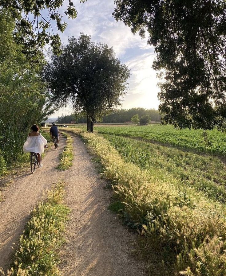 two people riding bikes down a dirt road next to tall grass and trees on both sides