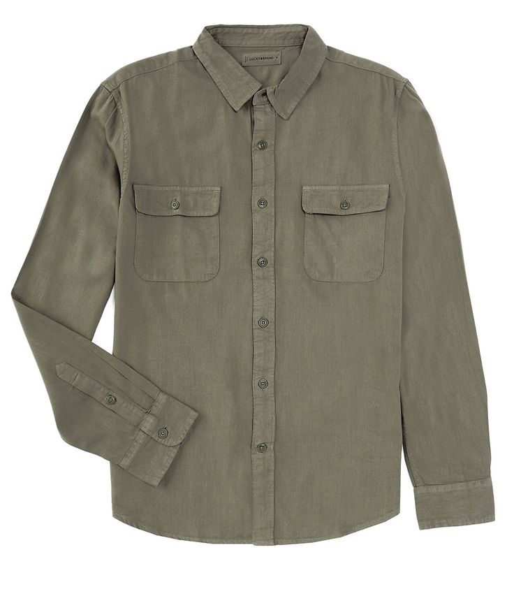 From Lucky Brand&#x2C; this woven shirt features:Button down collarLong sleevesButton front closureDouble chest pocketsCotton/rayonMachine wash/tumble dryImported. Collared Utility Shirt With Pockets, Fall Shirt With Buttoned Pockets And Spread Collar, Button-up Tops With Welt Pockets, Fall Shirt With Spread Collar And Buttoned Pockets, Khaki Button-up Shirt With Buttoned Pockets, Khaki Button-up Shirt With Placket, Utility Work Shirt With Snap Buttons, Utility Shirt With Snap Buttons For Work, Utility Workwear Shirt With Snap Buttons