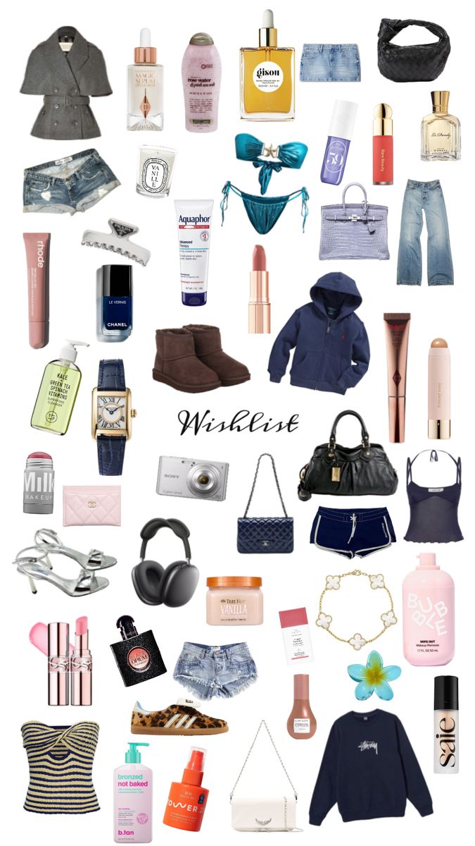 a collage of various items that include clothing, shoes and bags with the words wishlist written on them