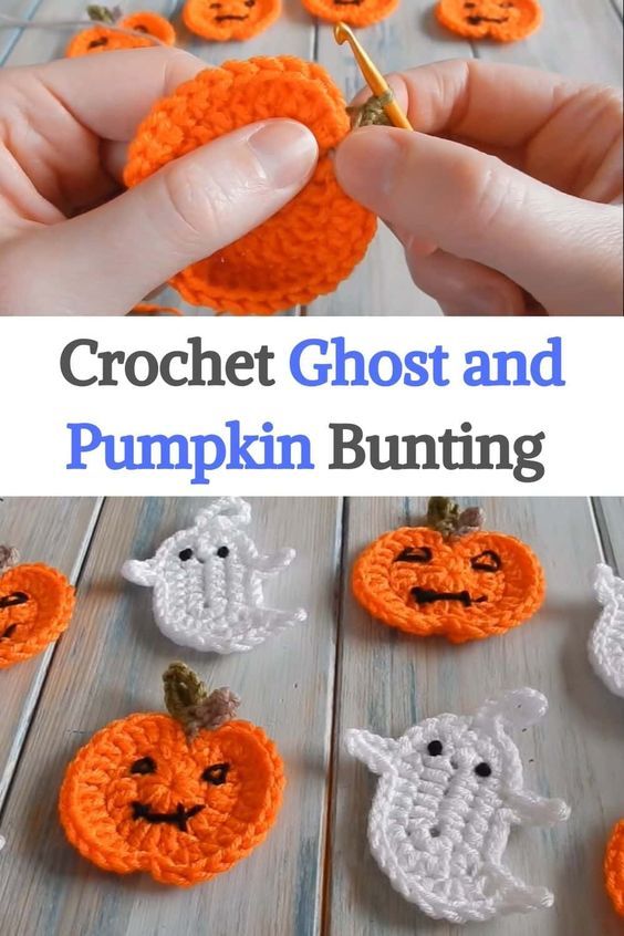 the crochet ghost and pumpkin bunting is being made