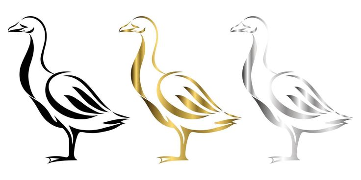 three geese are standing side by side on a white background, one is gold and the other is silver