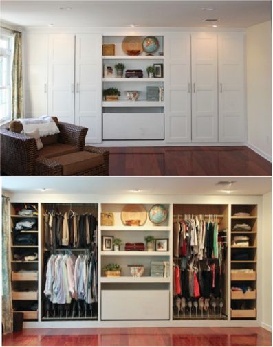 two screenshots of an open closet with clothes on the shelves