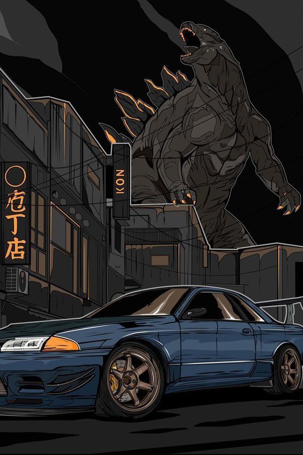 a car parked in front of a godzilla statue