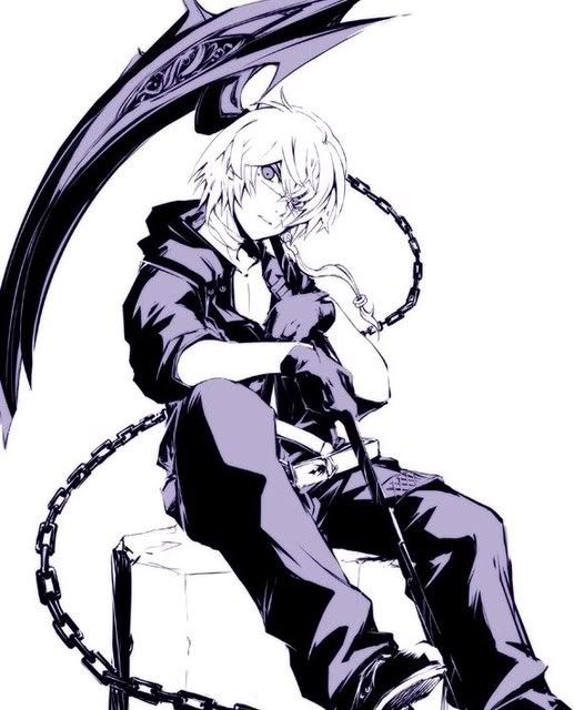 an anime character sitting on top of a bench with chains around his legs and holding a knife