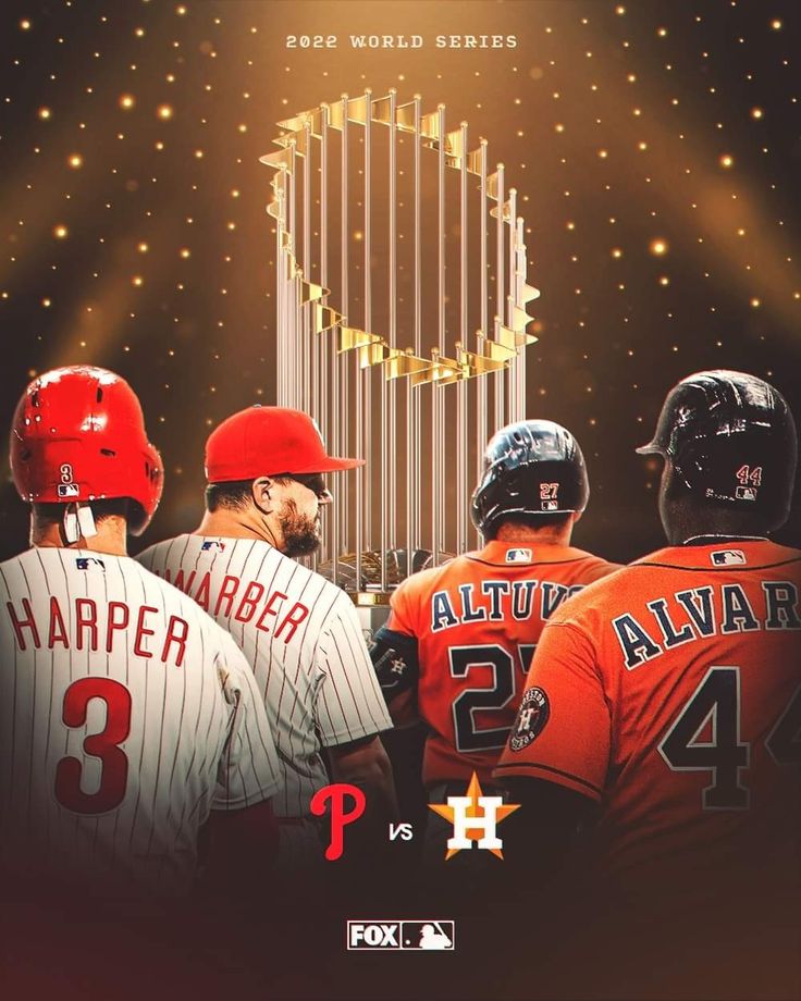 three baseball players standing in front of a trophy