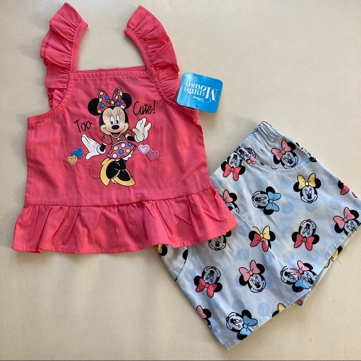 New 2 Pieces Cute Cotton Mickey Mouse Sets, Disney Pink Cotton Sets, Casual Pink Minnie Mouse Set, Cute Mickey Mouse Cotton Bottoms, Casual Mickey Mouse Playtime Set, Spring Minnie Mouse Pink Sets, Playful Fitted Minnie Mouse Set, Pink Disney Cotton Set, Cute Minnie Mouse Summer Sets