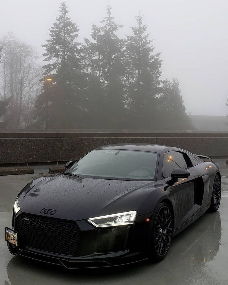 a black sports car parked in a parking lot on a foggy day with trees in the background