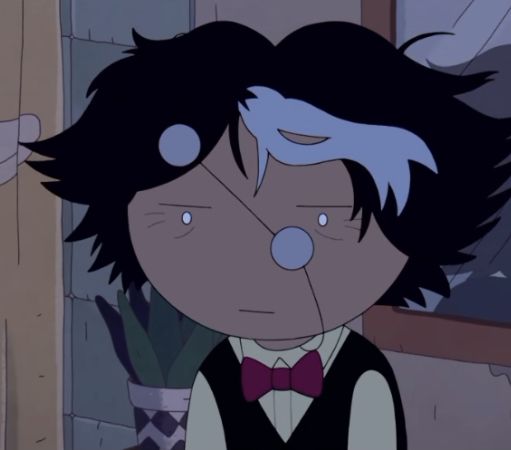 an animated image of a man with black hair wearing a bow tie and looking at the camera