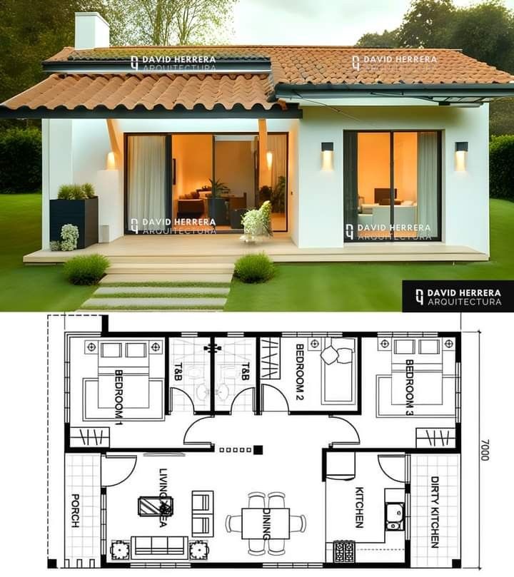 the floor plan for a small house with an open living area and two separate rooms