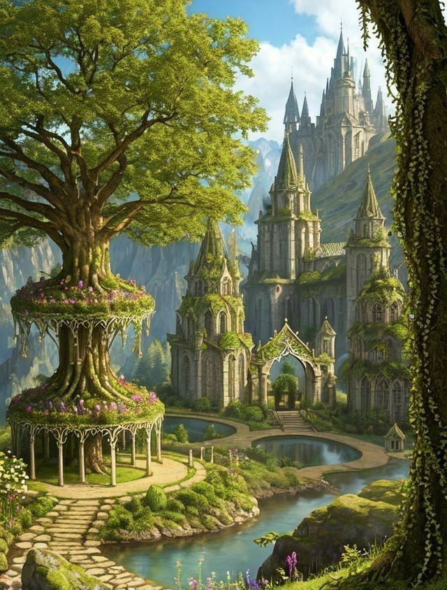 an artistic painting of a castle in the middle of a forest with flowers and trees