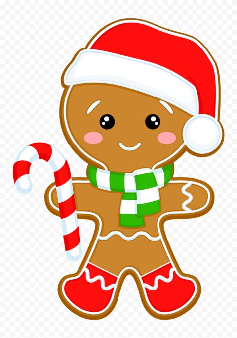 a gingerbread man wearing a santa hat and scarf holding a candy cane, hd png