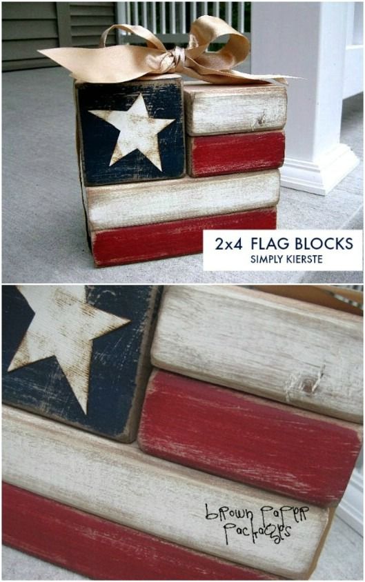 two wooden blocks with stars painted on them, one is red white and the other is blue