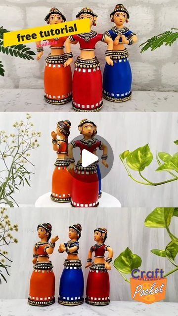 three different pictures of figurines with flowers in the background