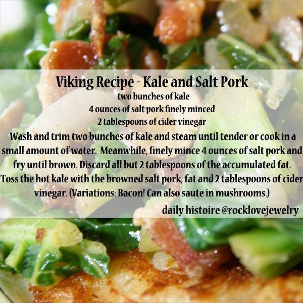 a plate with some food on top of it and the words viking recipe kale and salt pork