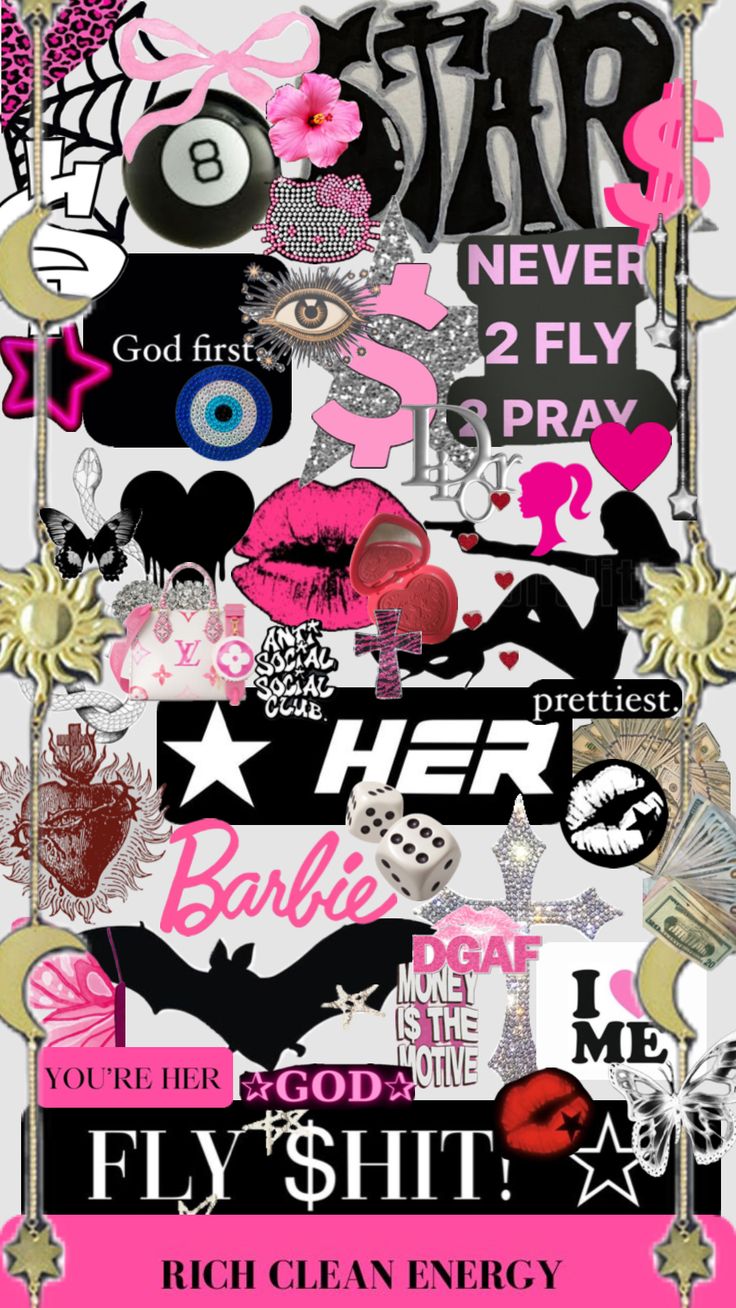 a poster with many different types of words and symbols in pink, black, and white