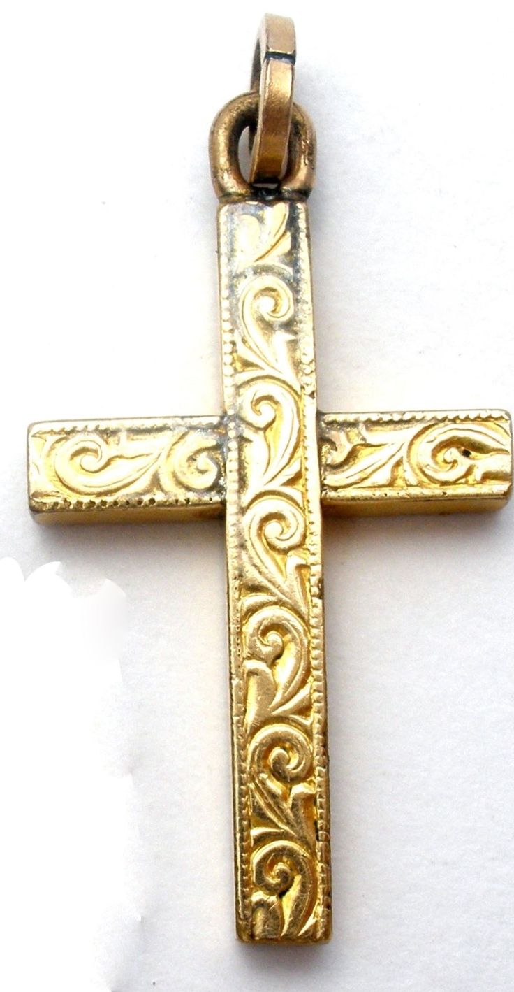 Antique Religious Jewelry - This is a gold filled etched Victorian cross pendant that is reversible and can be worn on either side. It is 1.1" (28mm) long, slightly over over .5" (15mm) wide. Gold Cross Jewelry With Large Pendant, Gold Brass Cross Jewelry, Antique Gold Cross Pendant Jewelry, Gold Stamped Spiritual Jewelry, Nickel-free Gold Crucifix Jewelry, Nickel-free Gold Cross Necklace, Engraved Brass Cross Jewelry, Gold Crucifix Jewelry For Commemoration, Gold Spiritual Etched Jewelry