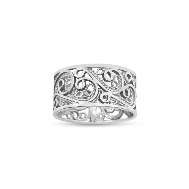 14K White Gold Filigree Ring | Etsy Heirloom Silver Filigree Ring With Intricate Design, Classic Silver Ring With Intricate Engraving, Ornate Filigree Ring For Anniversary, Traditional Rings With Decorative Band, Ornate Filigree Ring, Silver Filigree Ring In Fine Jewelry Style, Ornate White Gold Ring With Intricate Design, Ornate White Gold Jewelry With Filigree, Silver Ornate Filigree Ring For Formal Occasions