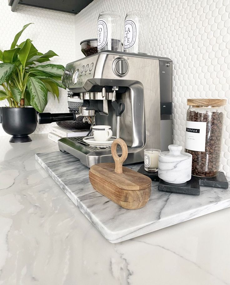 an espresso machine sitting on top of a counter next to a potted plant