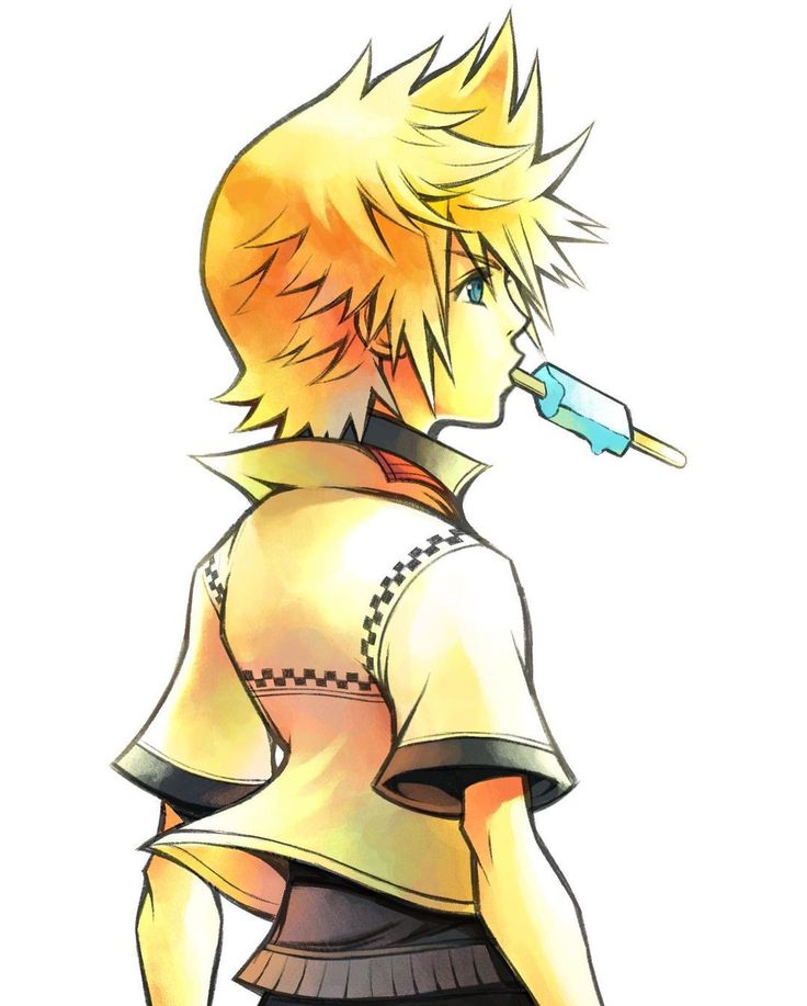 an anime character with blonde hair, wearing a white shirt and black shorts holding a blue toothbrush in his mouth