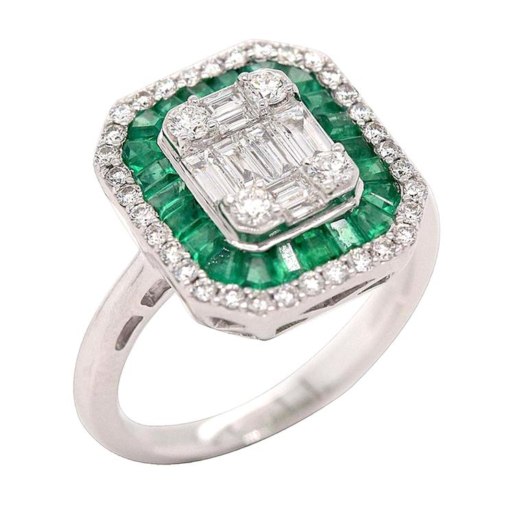 Modern style Gold and Diamond gemstone jewelry. This Ring is made of gold and Diamond gemstone material and is capable of reflecting some light to produce a natural glow. A unique feature found only in premium jewelry. This Ring is handmade in 18k White Gold : 5. 67 grams , and Diamond : 0. 745 cts , Emerald : 0. 6 cts  (BR8162WEM1-1)  This jewelry is made by hand featuring detailed workmanship. Be careful to avoid dropping or banging as physical impacts can result in damage to the pieces includ Elegant Octagon Multi-stone Ring, Elegant Multi-stone Emerald Platinum Ring, Fine Jewelry Emerald With Baguette Diamonds, Elegant Multi-stone Emerald Ring In Platinum, Luxury Multi-stone Emerald Cut Emerald Ring, Fine Jewelry With Baguette Diamonds And Emerald, Diamond Ring With Baguette Diamonds And Rectangular Stone, Elegant Baguette Cut Gemstone Cluster Ring, Elegant Baguette Cut Cluster Ring With Gemstone