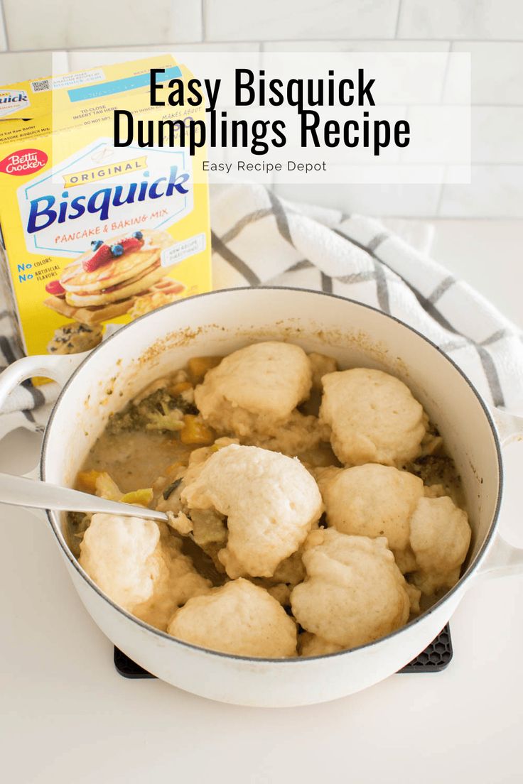 a pot filled with dumplings next to a box of biscuits