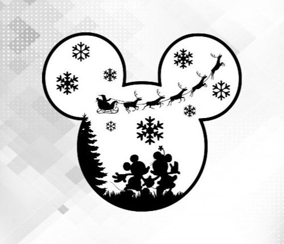 the mickey mouse head with snowflakes and santa's sleigh on it