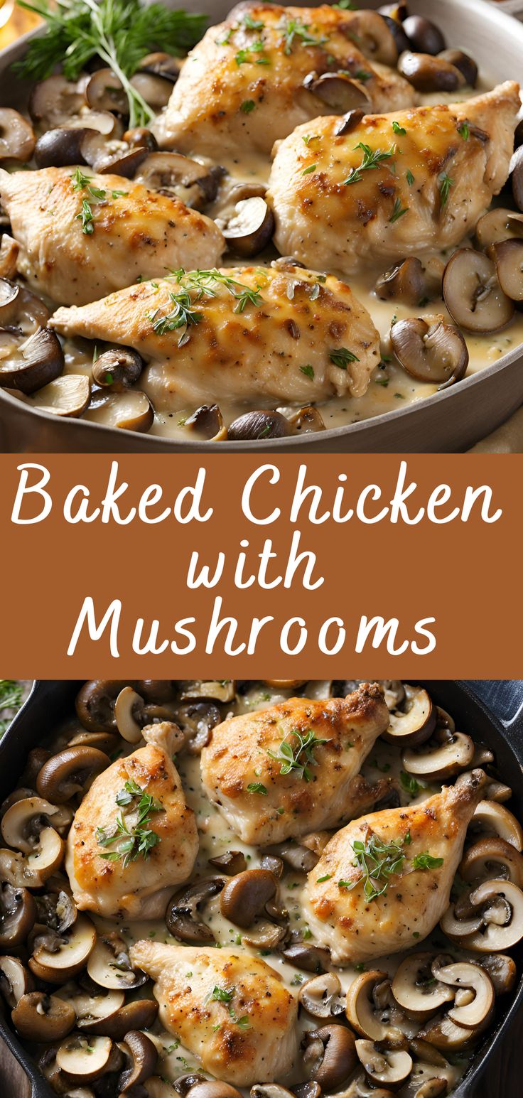 baked chicken with mushrooms in a skillet on a wooden table and text overlay that reads baked chicken with mushrooms