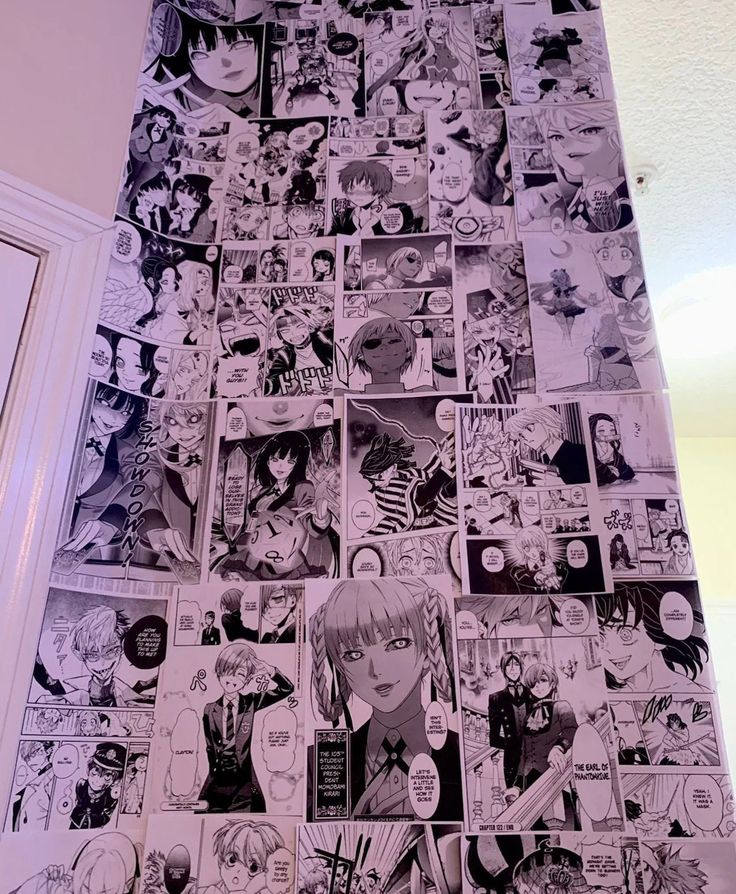 the wall is covered with many anime pictures