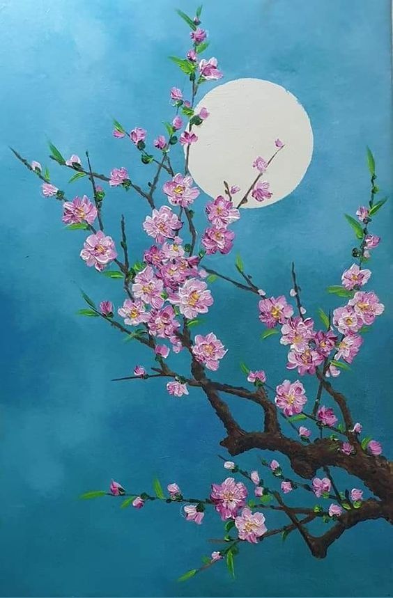 a painting of a tree with pink flowers in front of a full moon