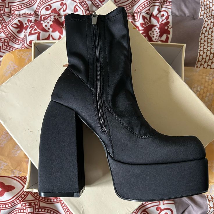 Black Nylon Platform Ankle Boot Us Size/Uk 7 Brand New Never Worn Black High Heel Platform Boots With Zipper, Black High-top Synthetic Heels, Fall Party Platform Boots With Rubber Heel Cap, Fabric Boots With Round Toe For Winter, Fabric Winter Boots With Round Toe, Black High Ankle Platform Boots With Zipper, Fitted Black High-top Platform Boots, Black Fitted High-top Platform Boots, Black Casual Nylon Boots